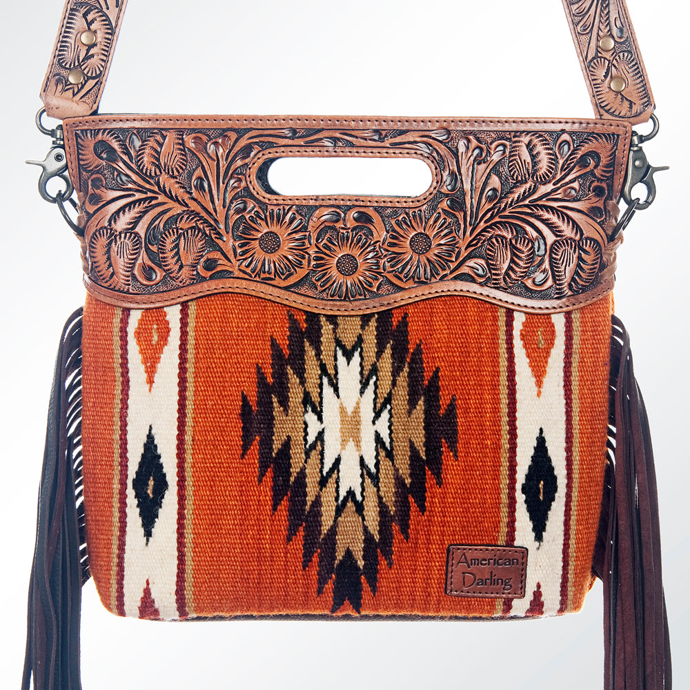 LC-ADBG610 Southwestern Wool Crossbody bag with Tooled Leather Yoke & Fringe Western Cutout Handle Crossbody