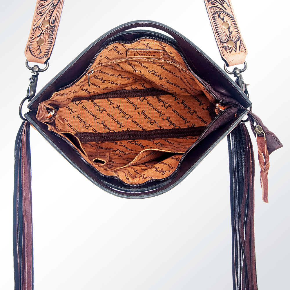 LC-ADBG610 Southwestern Wool Crossbody bag with Tooled Leather Yoke & Fringe Western Cutout Handle Crossbody