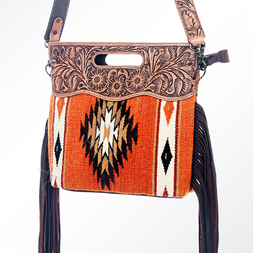 LC-ADBG610 Southwestern Wool Crossbody bag with Tooled Leather Yoke & Fringe Western Cutout Handle Crossbody
