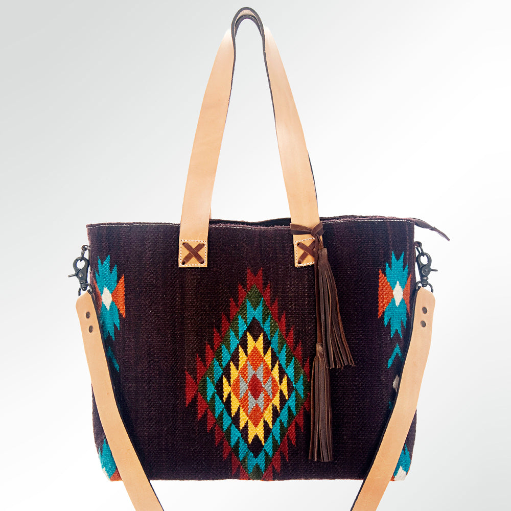 LC-ADBG573 Southwestern Wool Tote with Geometric Diamond Pattern Natural Leather Straps & Tassel