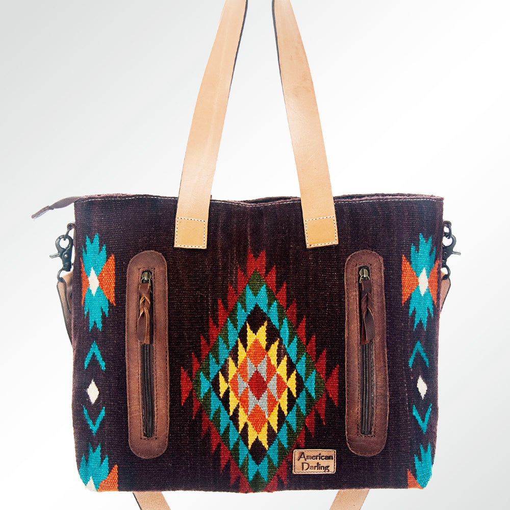 LC-ADBG573 Southwestern Wool Tote with Geometric Diamond Pattern Natural Leather Straps & Tassel