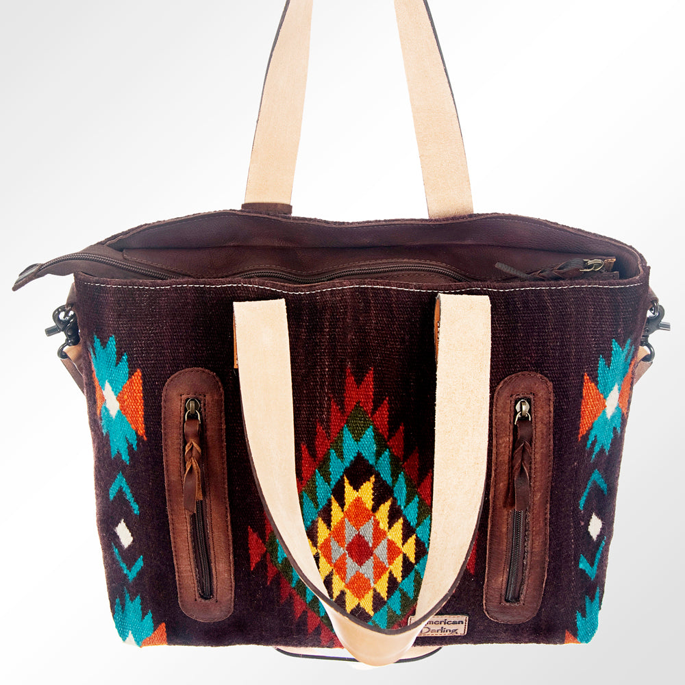 LC-ADBG573 Southwestern Wool Tote with Geometric Diamond Pattern Natural Leather Straps & Tassel