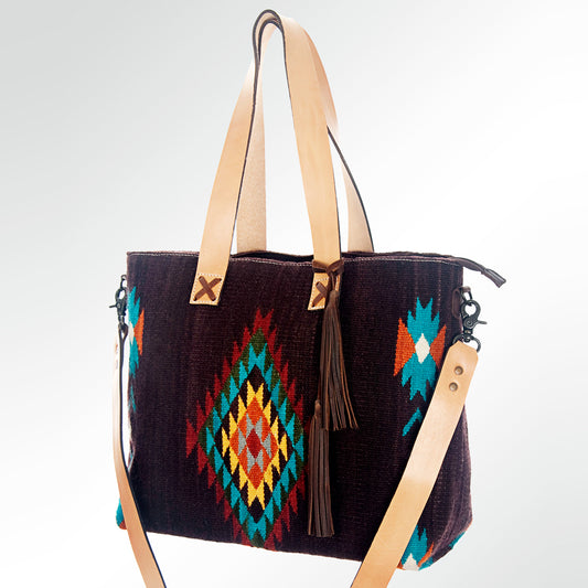 LC-ADBG573 Southwestern Wool Tote with Geometric Diamond Pattern Natural Leather Straps & Tassel