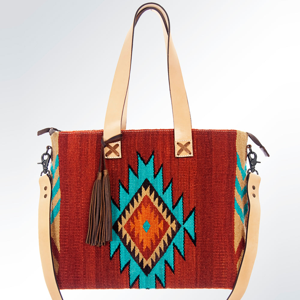 LC-ADBG573 Southwestern Wool Tote with Geometric Diamond Pattern Natural Leather Straps & Tassel