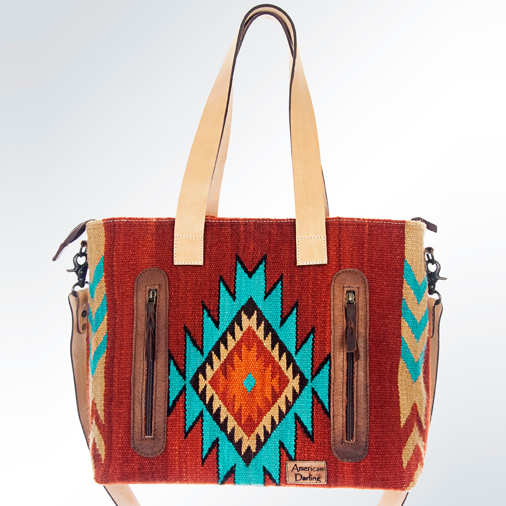 LC-ADBG573 Southwestern Wool Tote with Geometric Diamond Pattern Natural Leather Straps & Tassel