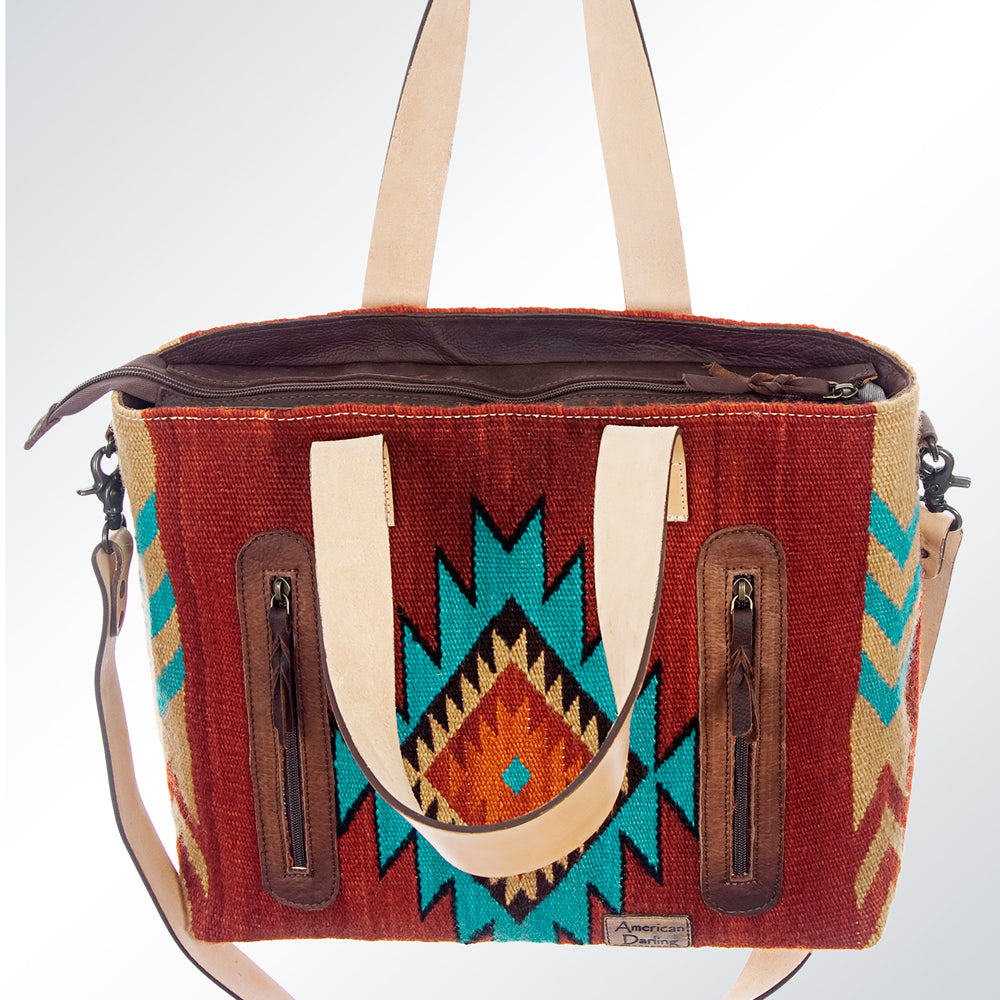 LC-ADBG573 Southwestern Wool Tote with Geometric Diamond Pattern Natural Leather Straps & Tassel