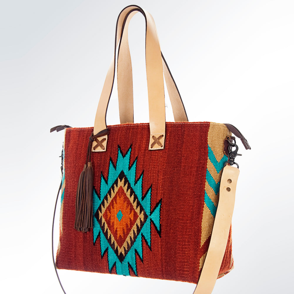 LC-ADBG573 Southwestern Wool Tote with Geometric Diamond Pattern Natural Leather Straps & Tassel