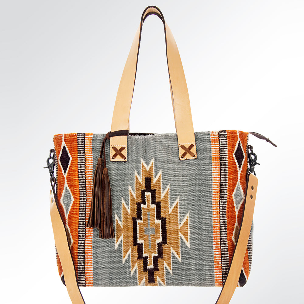 LC-ADBG573 Southwestern Wool Tote with Geometric Diamond Pattern Natural Leather Straps & Tassel