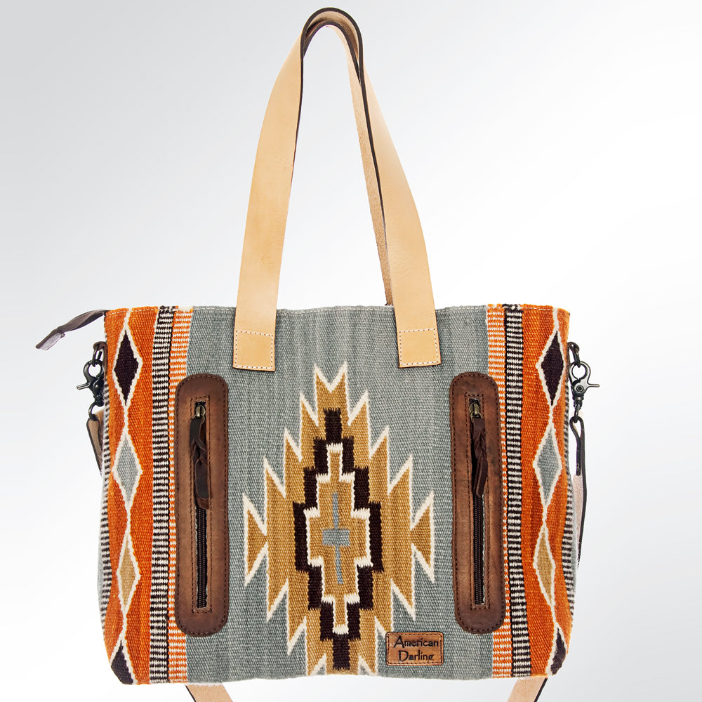 LC-ADBG573 Southwestern Wool Tote with Geometric Diamond Pattern Natural Leather Straps & Tassel