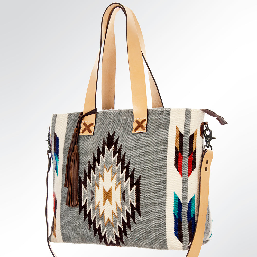 LC-ADBG573 Southwestern Wool Tote with Geometric Diamond Pattern Natural Leather Straps & Tassel