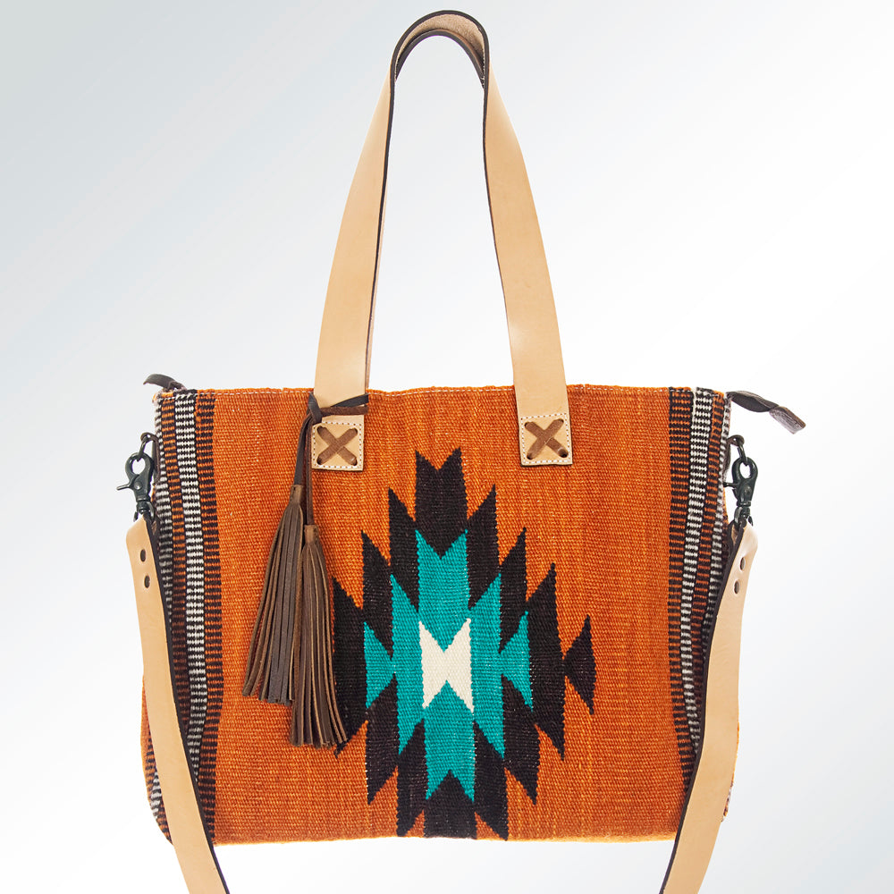 LC-ADBG573 Southwestern Wool Tote with Geometric Diamond Pattern Natural Leather Straps & Tassel