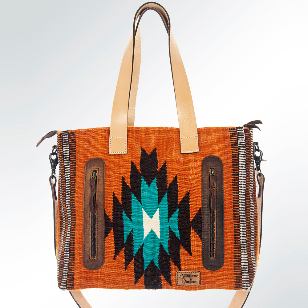 LC-ADBG573 Southwestern Wool Tote with Geometric Diamond Pattern Natural Leather Straps & Tassel