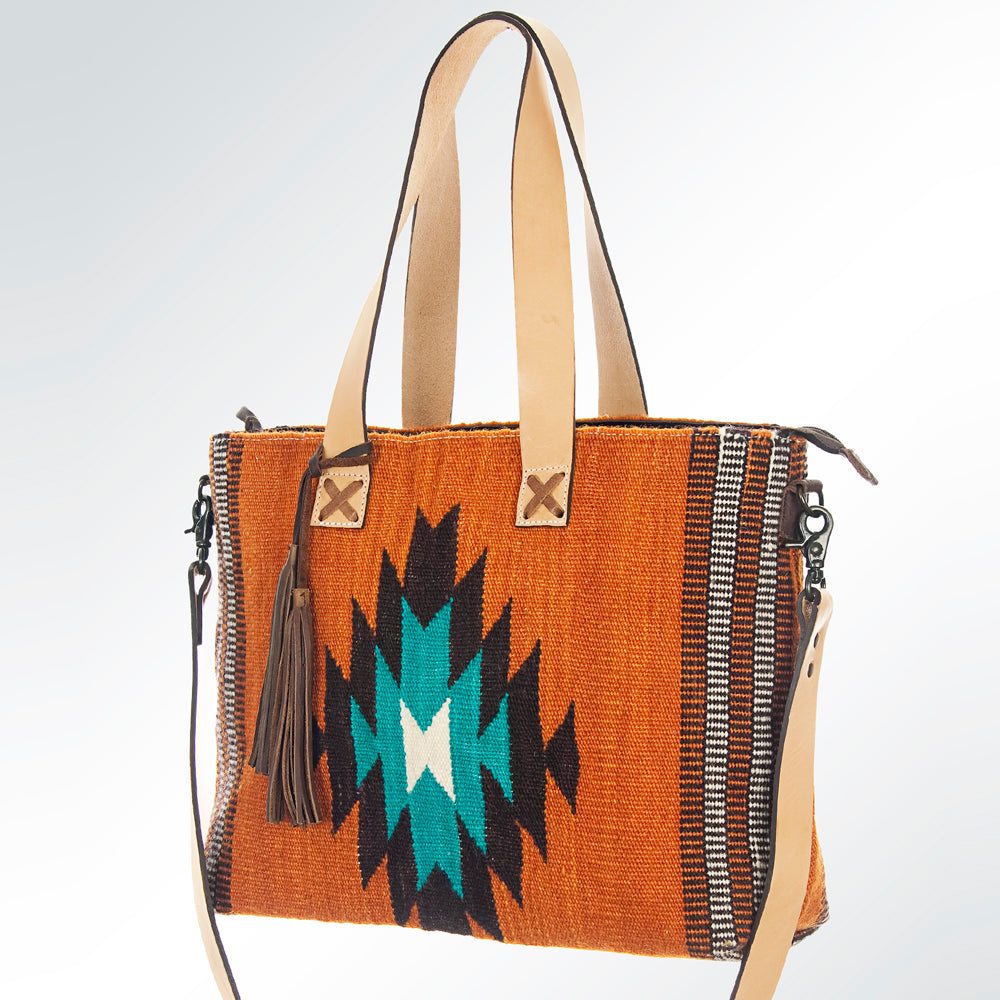 LC-ADBG573 Southwestern Wool Tote with Geometric Diamond Pattern Natural Leather Straps & Tassel
