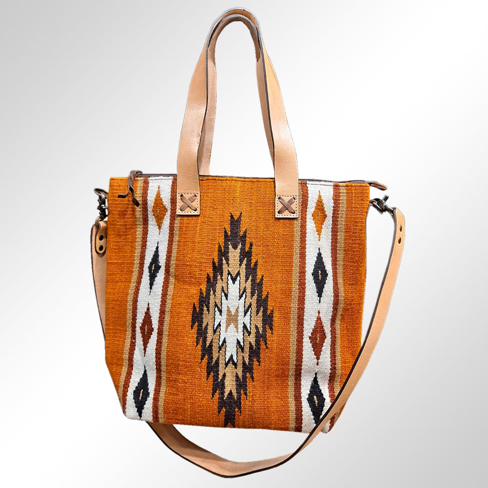 LC-ADBG573 Southwestern Wool Tote with Geometric Diamond Pattern Natural Leather Straps & Tassel