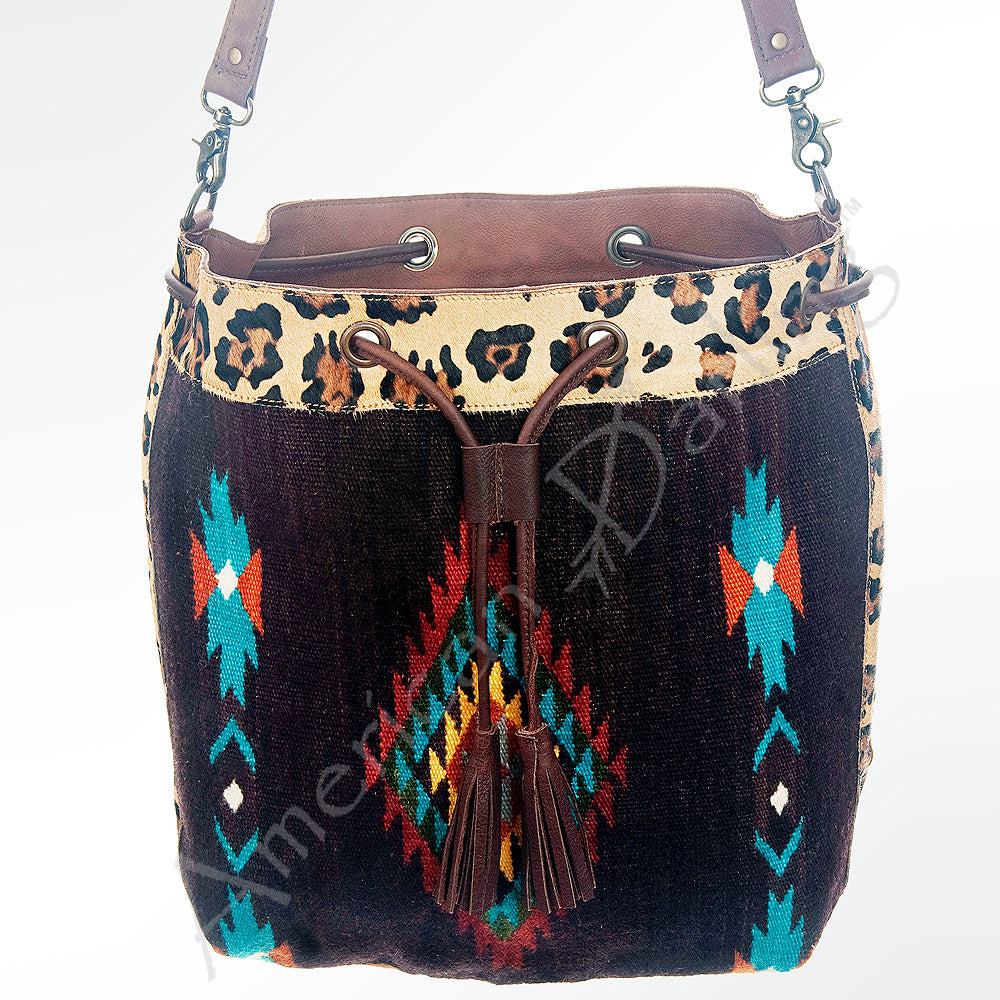 LC-ADBG574 Southwestern Wool Bucket Bag Drawstring Tote with Leather Strap