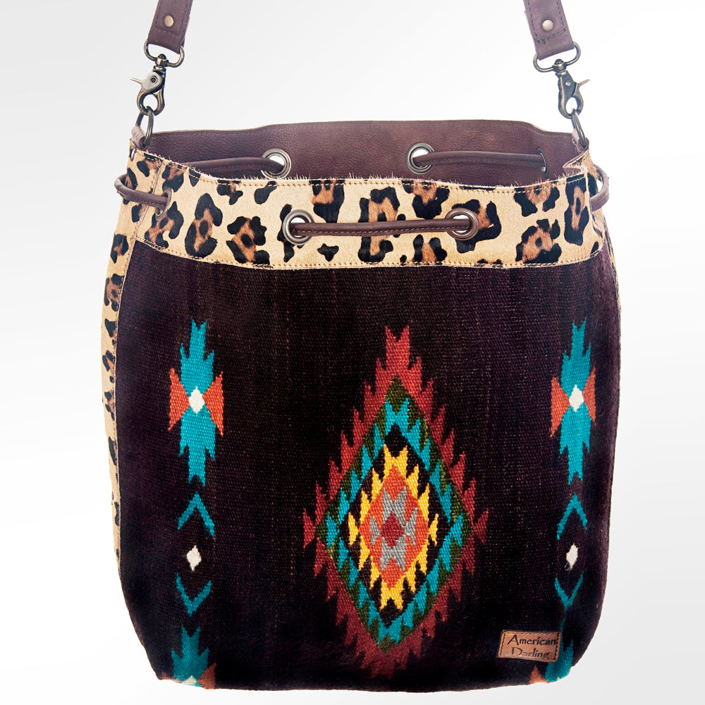 LC-ADBG574 Southwestern Wool Bucket Bag Drawstring Tote with Leather Strap