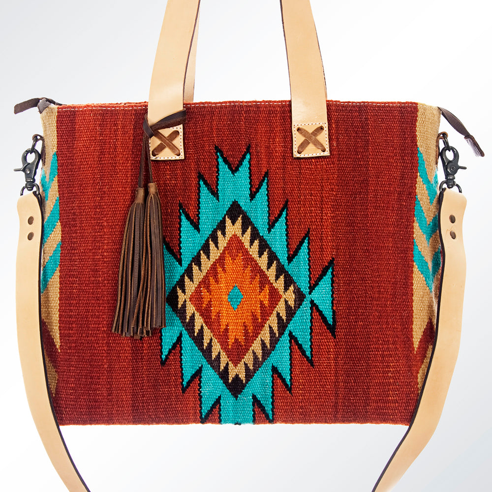 LC-ADBG575D Southwestern Wool Tote with Natural Leather Straps Handwoven Tribal Pattern & Tassel