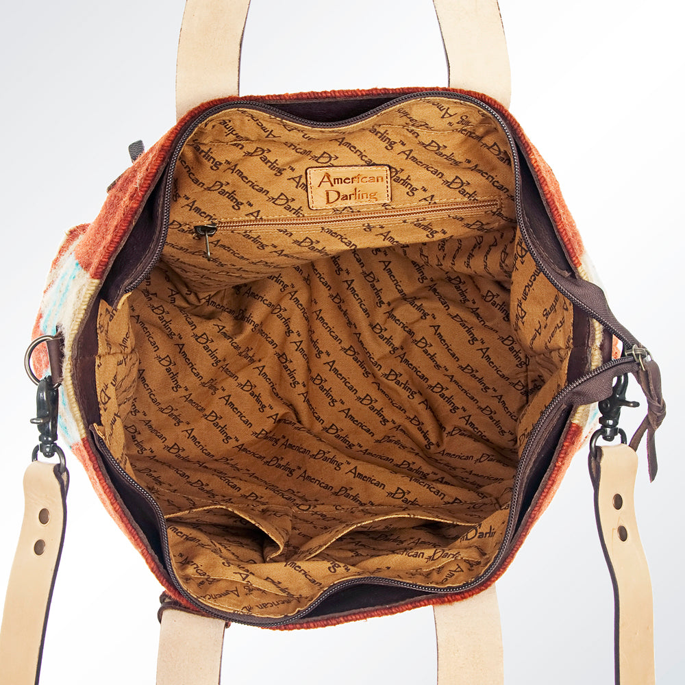 LC-ADBG575D Southwestern Wool Tote with Natural Leather Straps Handwoven Tribal Pattern & Tassel