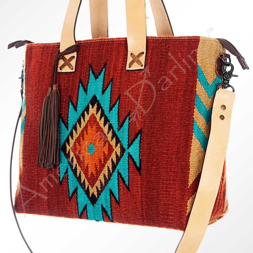 LC-ADBG575D Southwestern Wool Tote with Natural Leather Straps Handwoven Tribal Pattern & Tassel