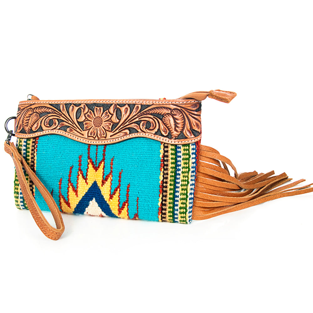 ADBG344 American Darling Western Leather Wristlet Bag with Hand Tooled Floral Carving & Saddle Blanket