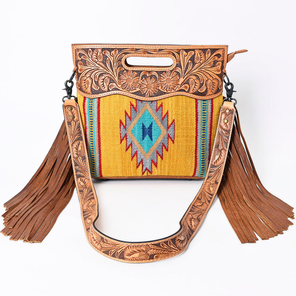 ADBG496 Diamond Aztec Wool Crossbody Bag with Hand Tooled Leather & Fringe