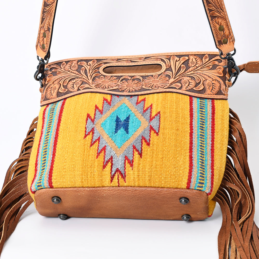 ADBG496 Diamond Aztec Wool Crossbody Bag with Hand Tooled Leather & Fringe