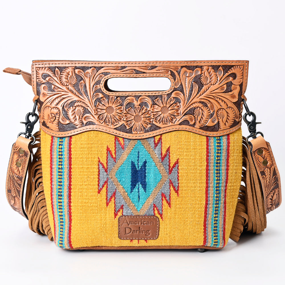 ADBG496 Diamond Aztec Wool Crossbody Bag with Hand Tooled Leather & Fringe