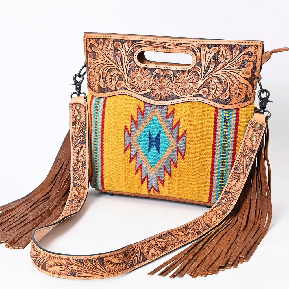 ADBG496 Diamond Aztec Wool Crossbody Bag with Hand Tooled Leather & Fringe