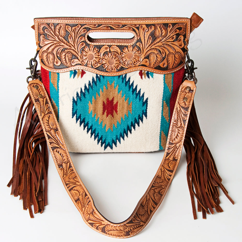 ADBG496 Diamond Aztec Wool Crossbody Bag with Hand Tooled Leather & Fringe