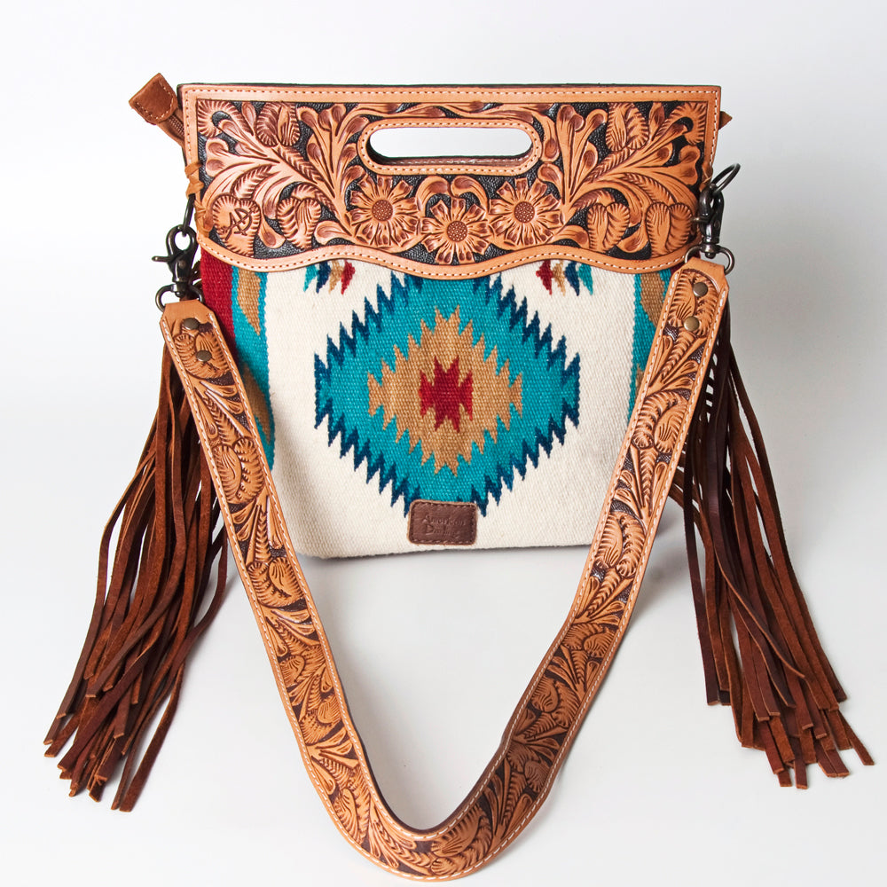 ADBG496 Diamond Aztec Wool Crossbody Bag with Hand Tooled Leather & Fringe