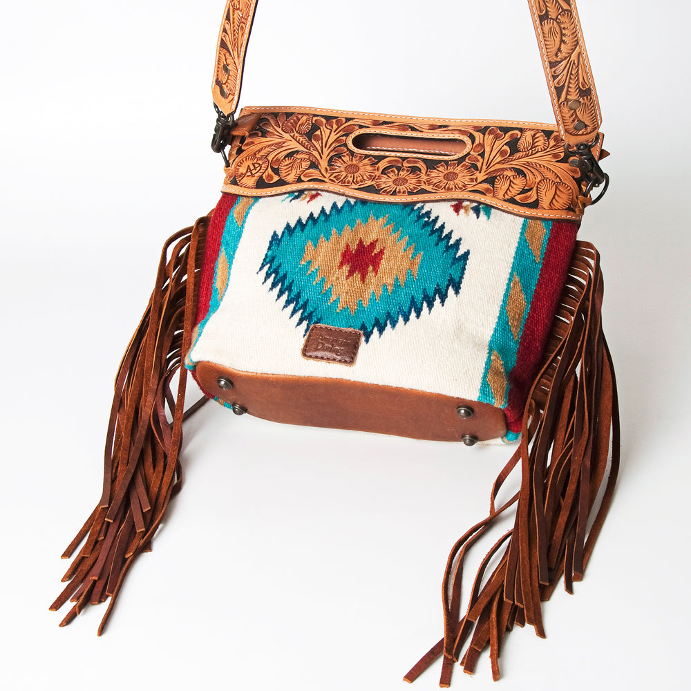 ADBG496 Diamond Aztec Wool Crossbody Bag with Hand Tooled Leather & Fringe