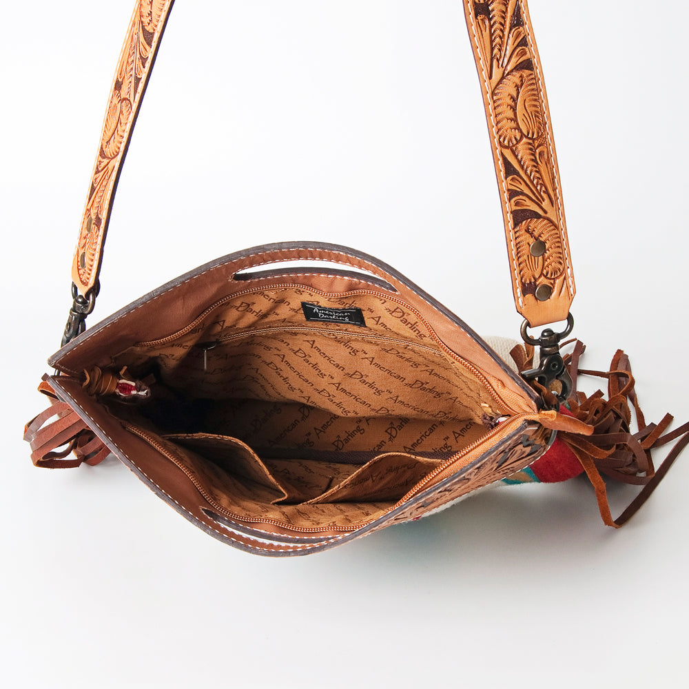 ADBG496 Diamond Aztec Wool Crossbody Bag with Hand Tooled Leather & Fringe
