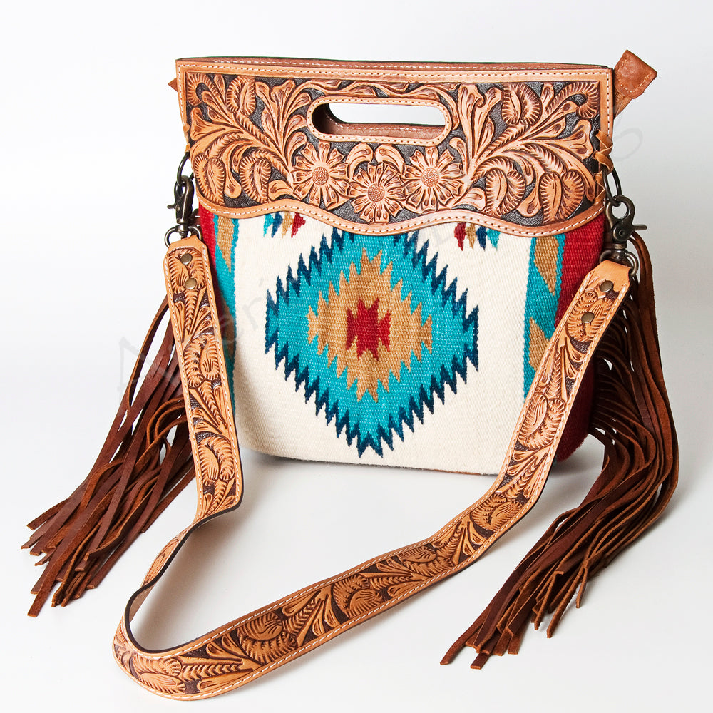 ADBG496 Diamond Aztec Wool Crossbody Bag with Hand Tooled Leather & Fringe
