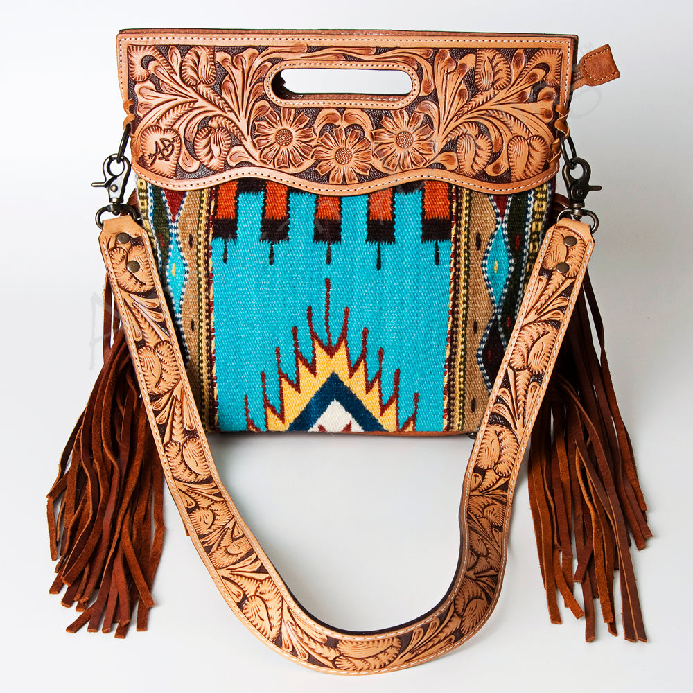 ADBG496 Diamond Aztec Wool Crossbody Bag with Hand Tooled Leather & Fringe