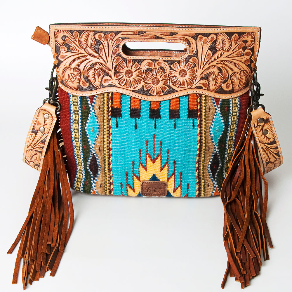 ADBG496 Diamond Aztec Wool Crossbody Bag with Hand Tooled Leather & Fringe