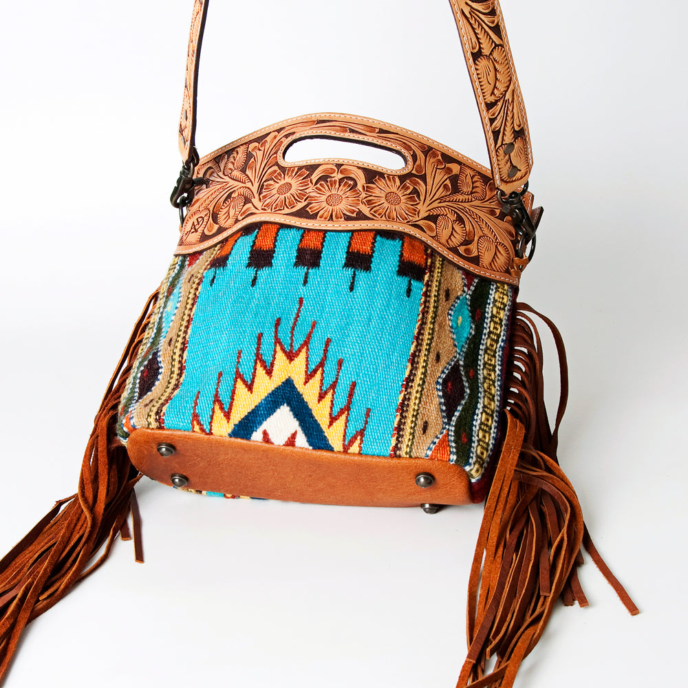 ADBG496 Diamond Aztec Wool Crossbody Bag with Hand Tooled Leather & Fringe