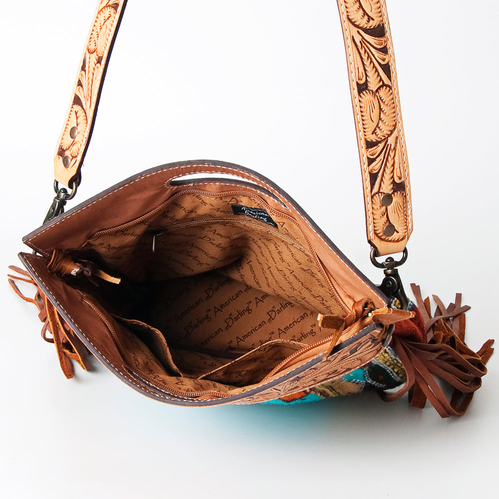 ADBG496 Diamond Aztec Wool Crossbody Bag with Hand Tooled Leather & Fringe