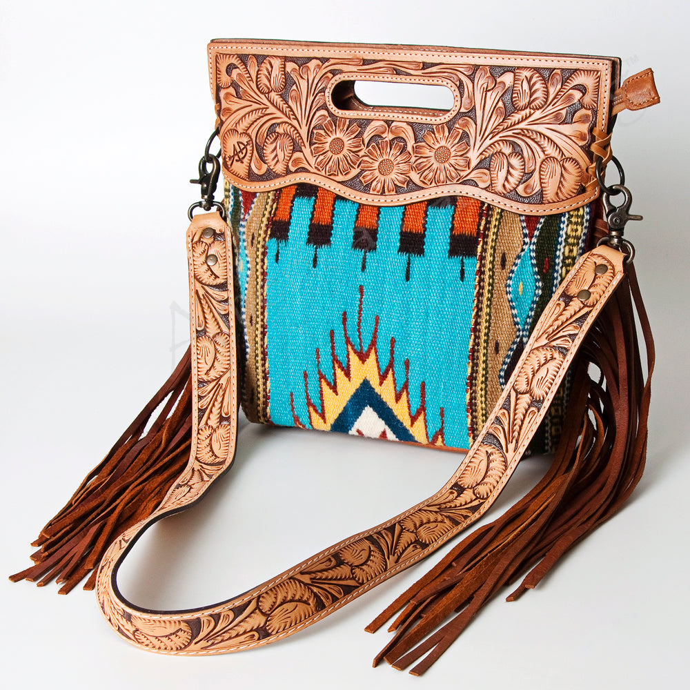 ADBG496 Diamond Aztec Wool Crossbody Bag with Hand Tooled Leather & Fringe