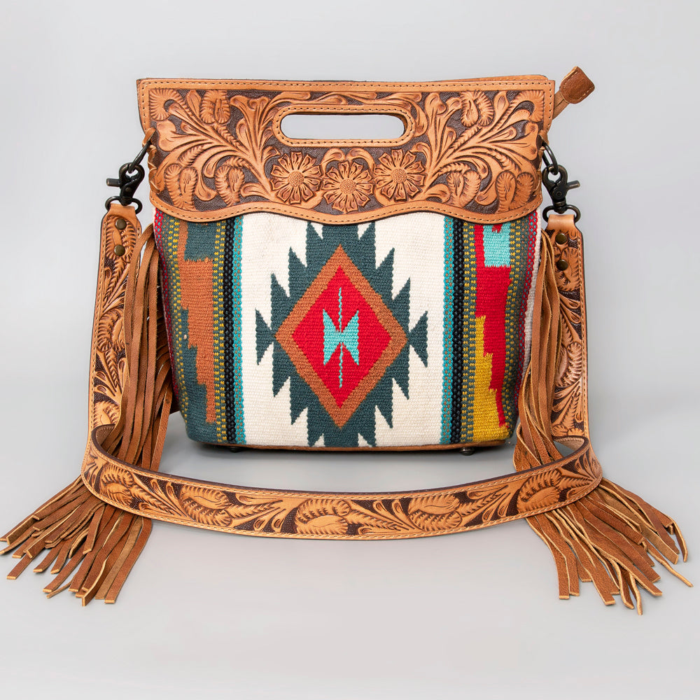 ADBG496 Diamond Aztec Wool Crossbody Bag with Hand Tooled Leather & Fringe