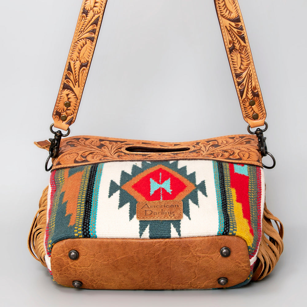 ADBG496 Diamond Aztec Wool Crossbody Bag with Hand Tooled Leather & Fringe