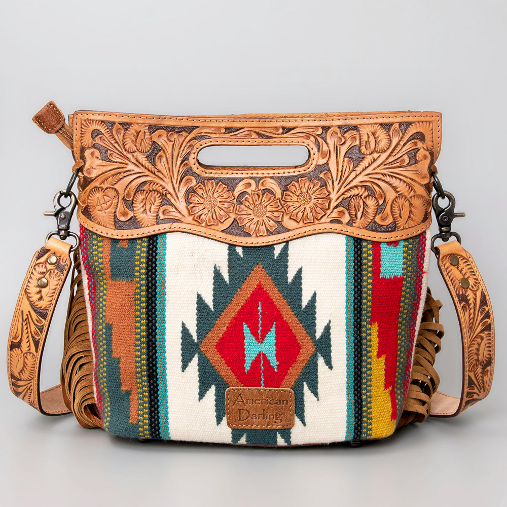 ADBG496 American Darling  Aztec Wool Crossbody Bag with Hand Tooled Leather & Fringe