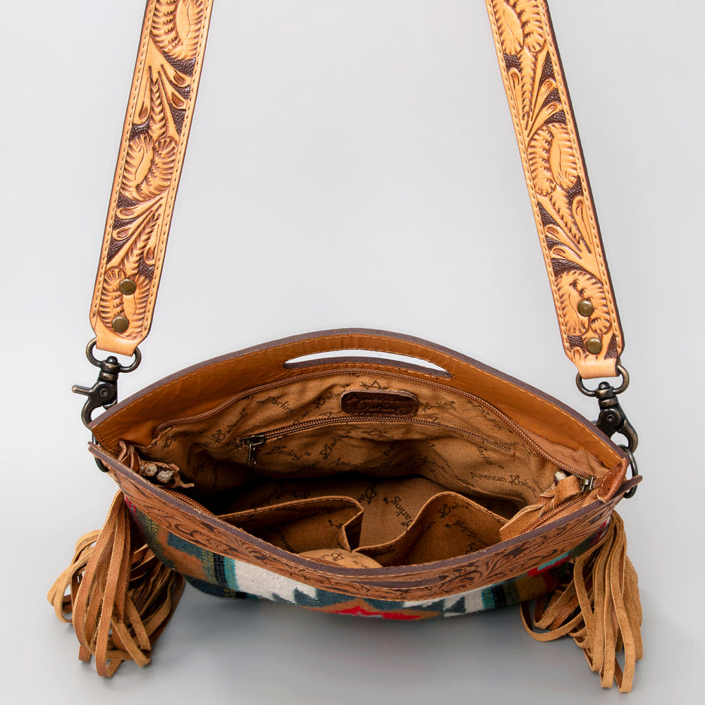 ADBG496 Diamond Aztec Wool Crossbody Bag with Hand Tooled Leather & Fringe