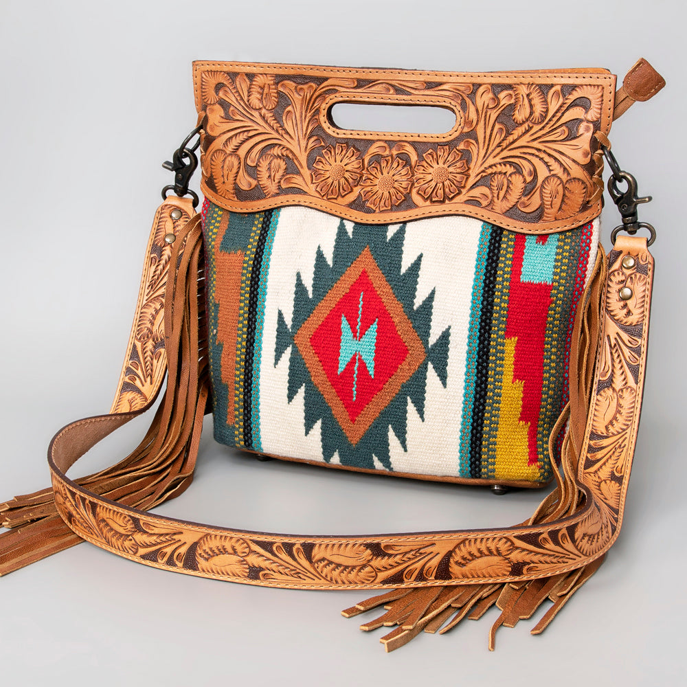 ADBG496 Diamond Aztec Wool Crossbody Bag with Hand Tooled Leather & Fringe