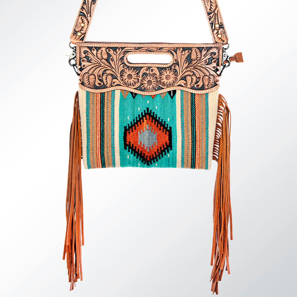 ADBG496 Diamond Aztec Wool Crossbody Bag with Hand Tooled Leather & Fringe