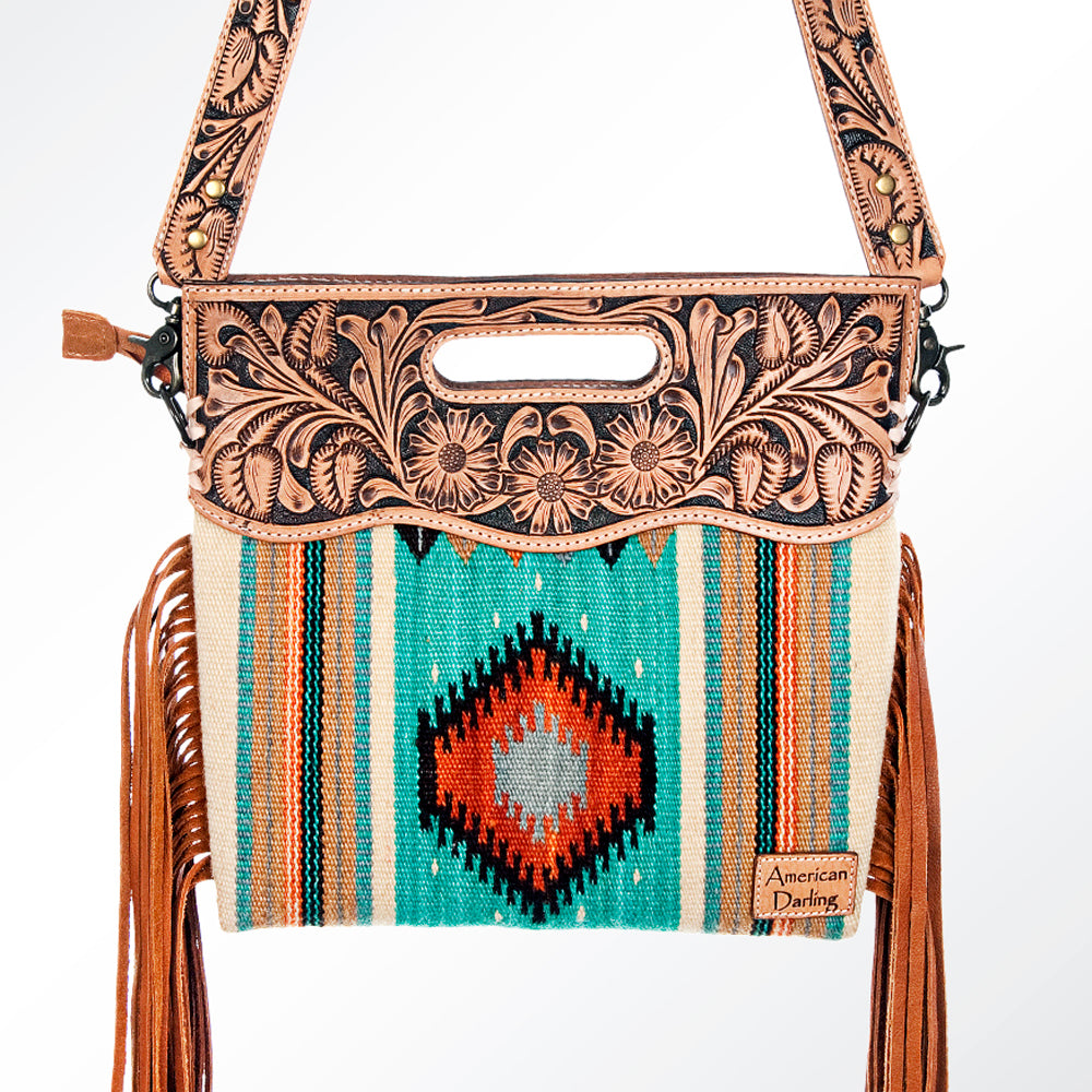ADBG496 Diamond Aztec Wool Crossbody Bag with Hand Tooled Leather & Fringe