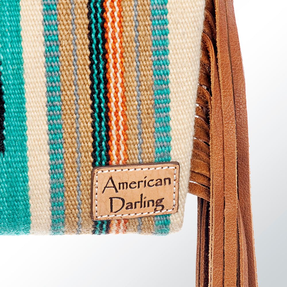 ADBG496 Diamond Aztec Wool Crossbody Bag with Hand Tooled Leather & Fringe