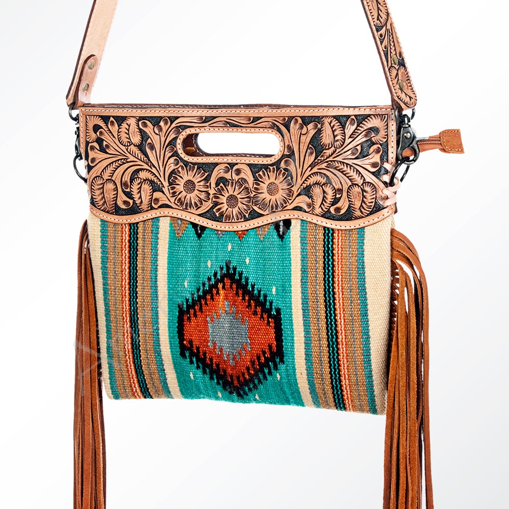 ADBG496 Diamond Aztec Wool Crossbody Bag with Hand Tooled Leather & Fringe
