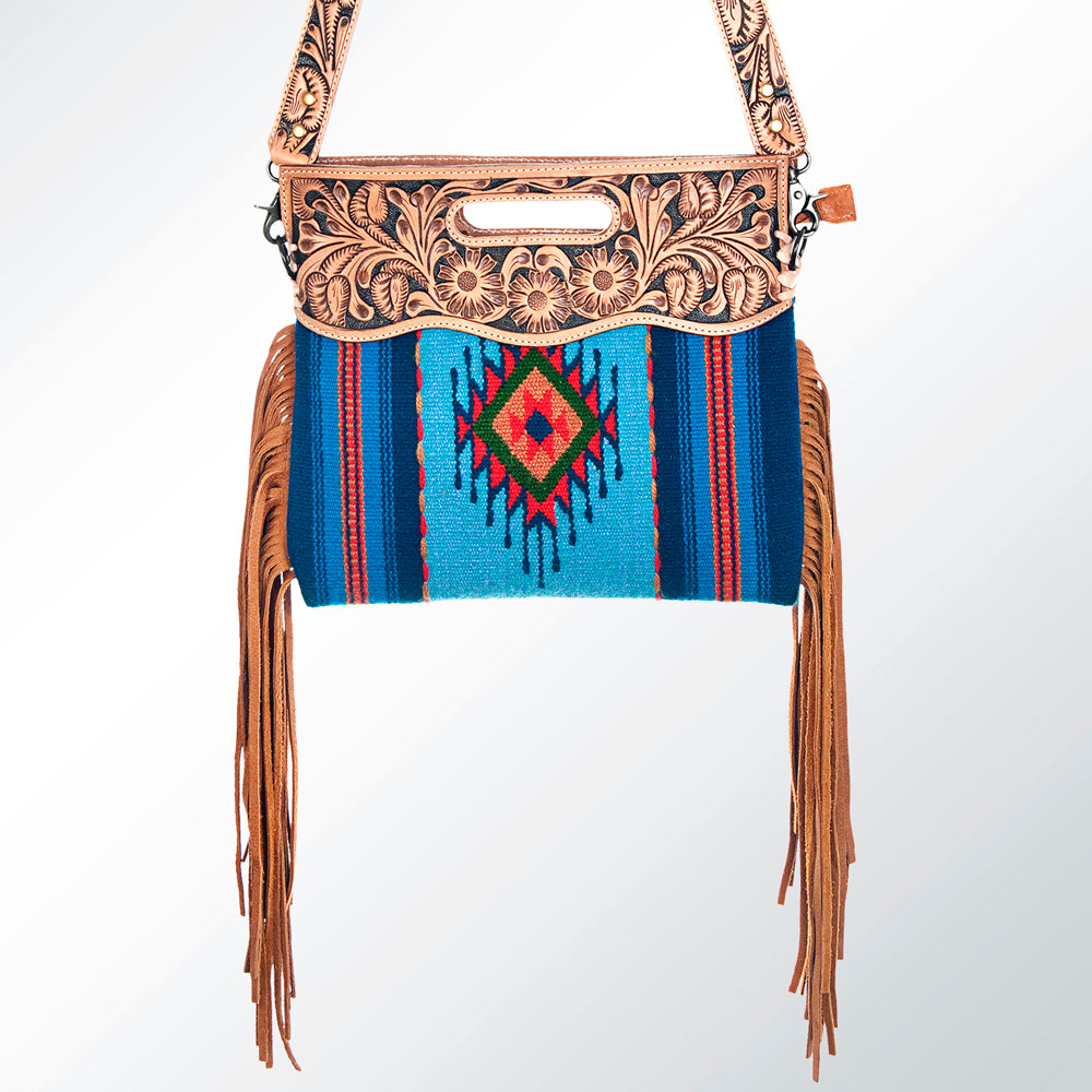 ADBG496 Diamond Aztec Wool Crossbody Bag with Hand Tooled Leather & Fringe