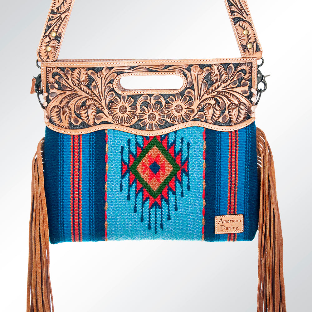 ADBG496 Diamond Aztec Wool Crossbody Bag with Hand Tooled Leather & Fringe