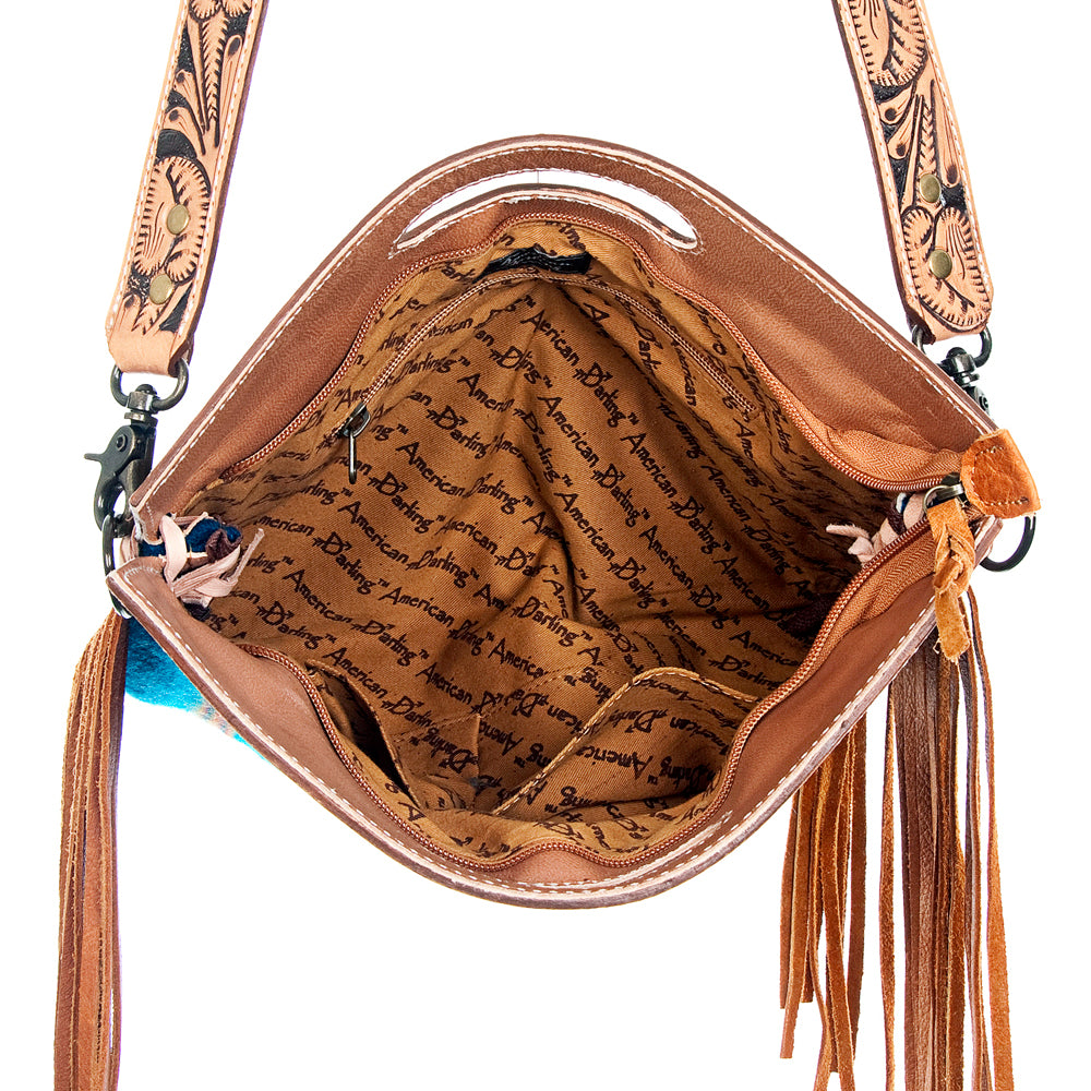 ADBG496 Diamond Aztec Wool Crossbody Bag with Hand Tooled Leather & Fringe